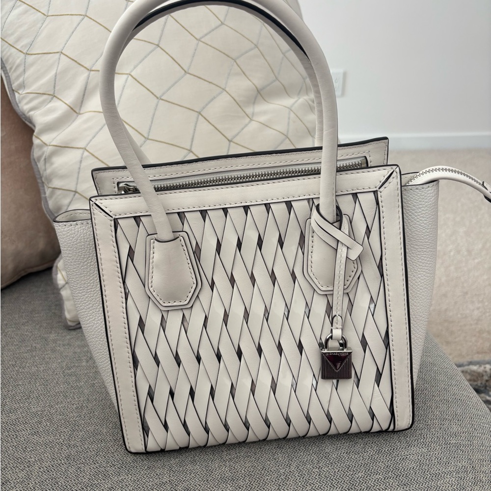 Michael Kors Mercer Studio Woven Leather Crossbody Satchel white